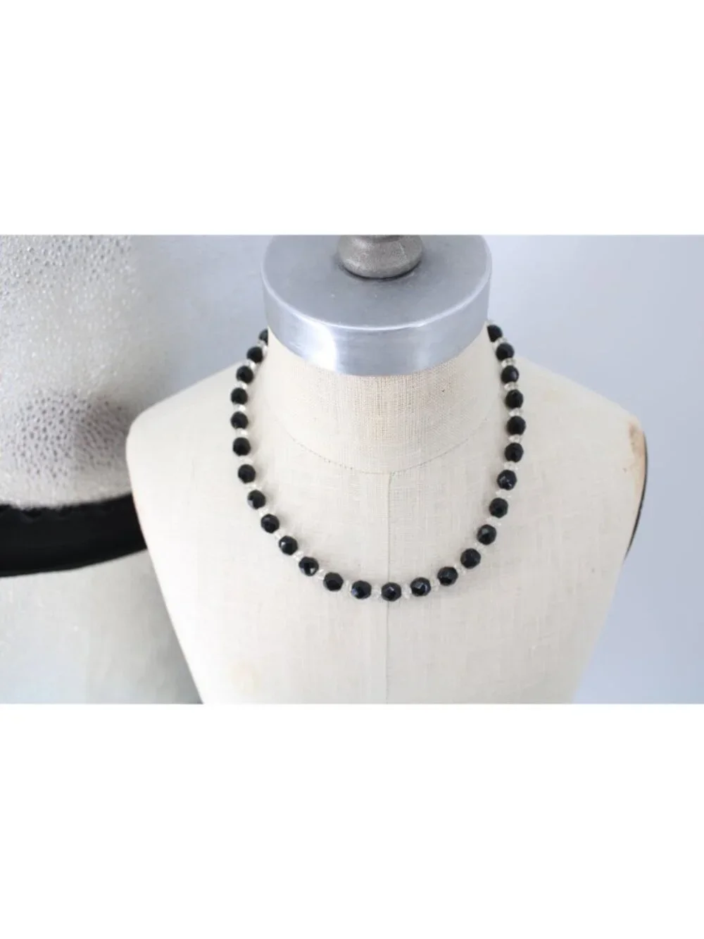 Black Clear Faceted Bead Necklace Single Strand Vintage 16
